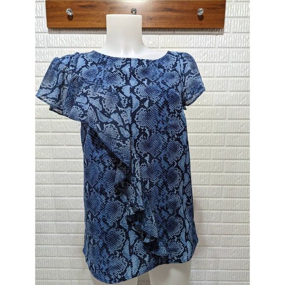 Michael Kors Women's Blue Snake Print Ruffle Short-Sleeve Blouse Top Size 2XS - Picture 1 of 6